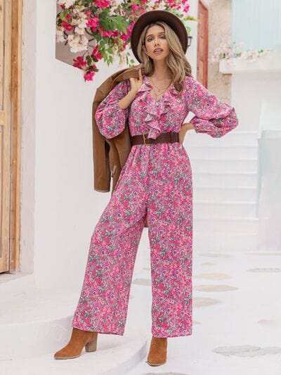Printed Ruffled V-Neck Balloon Sleeve Jumpsuit - Trendsi - Flyclothing LLC