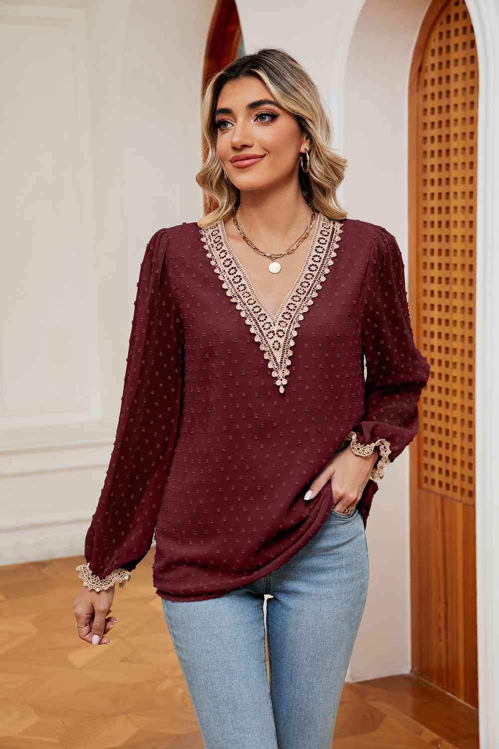 Swiss Dot Contrast V-Neck Blouse - Trendsi - Flyclothing LLC