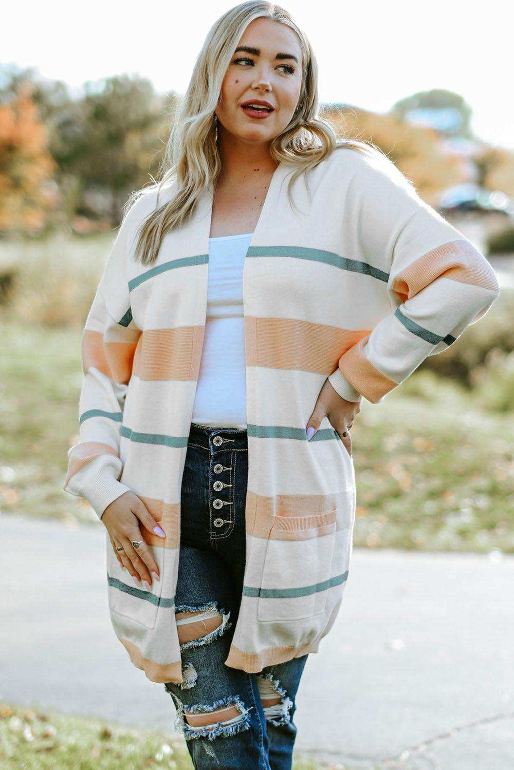 Plus Size Striped Open Front Cardigan - Trendsi - Flyclothing LLC