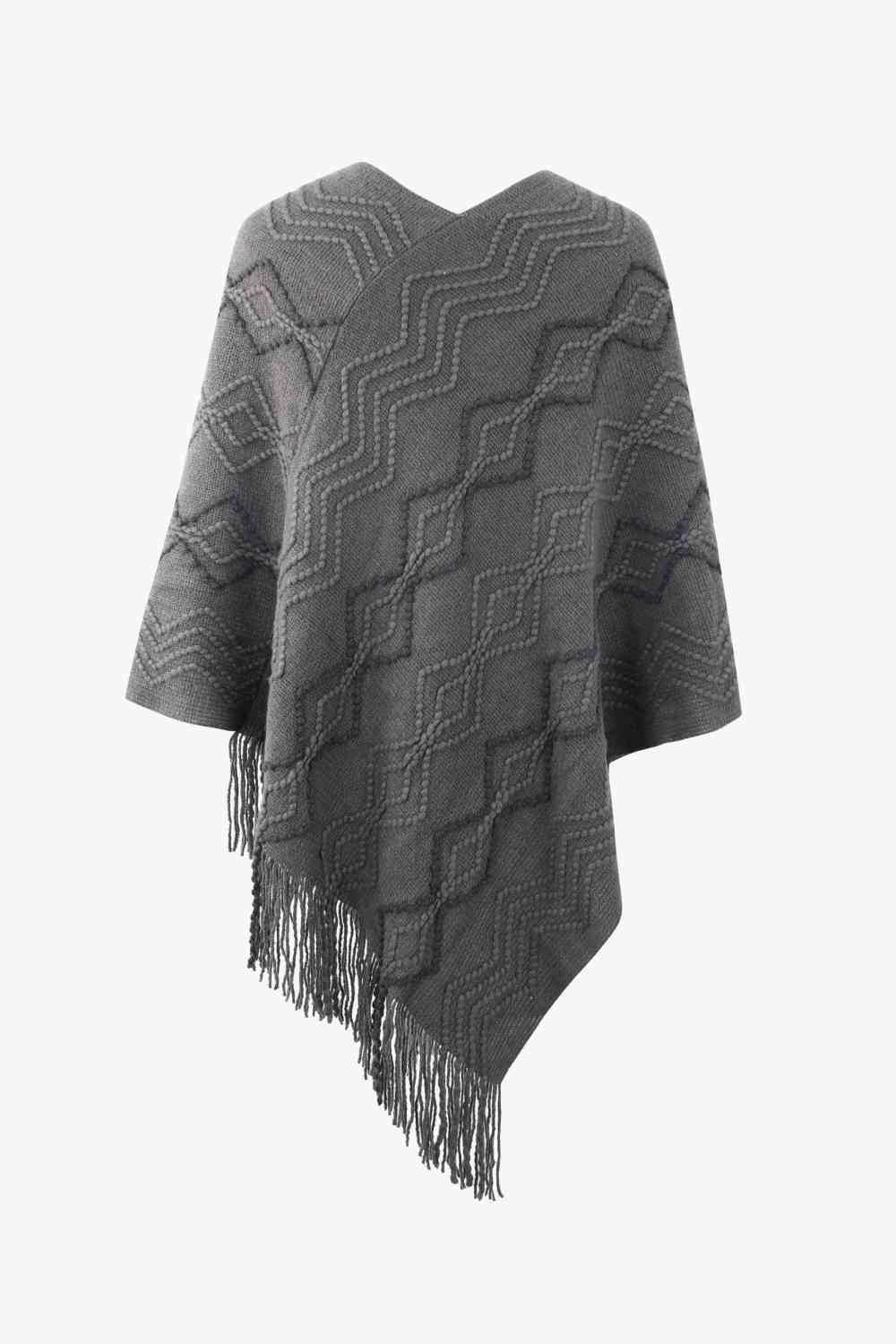 Pearl Trim V-Neck Fringe Hem Poncho - Trendsi - Flyclothing LLC