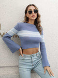 Ribbed Color Block Round Neck Cropped Sweater - Trendsi - Flyclothing LLC
