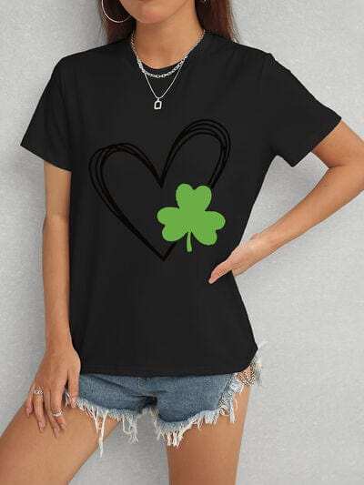 Heart Lucky Clover Short Sleeve T-Shirt - Trendsi - Flyclothing LLC