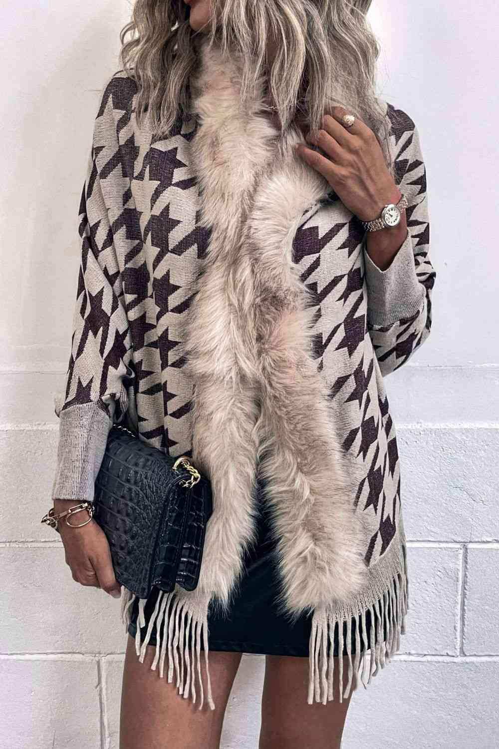 Houndstooth Fringe Hem Poncho - Trendsi - Flyclothing LLC