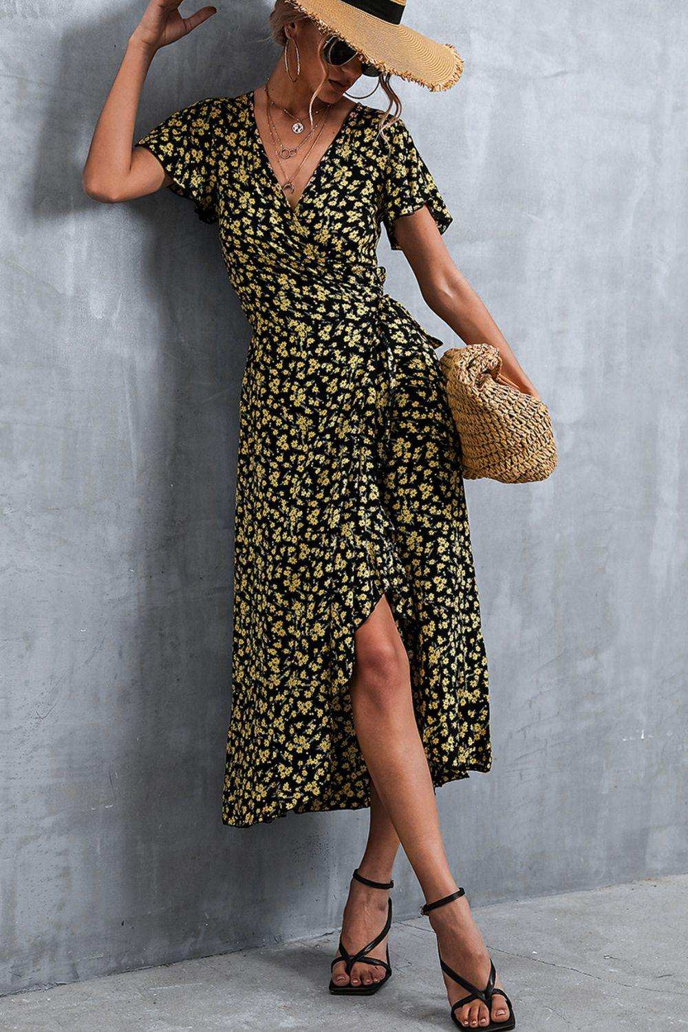 Floral Surplice Neck Tied Midi Dress - Trendsi - Flyclothing LLC