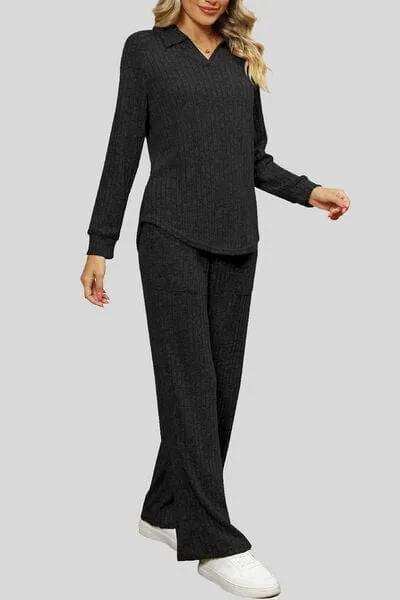 Ribbed Long Sleeve Top and Pocketed Pants Set - Trendsi - Flyclothing LLC