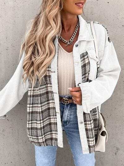 Plaid Button Up Dropped Shoulder Jacket - Trendsi - Flyclothing LLC