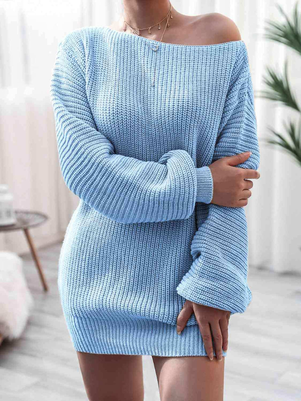 Rib-Knit Mini Sweater Dress - Trendsi - Flyclothing LLC