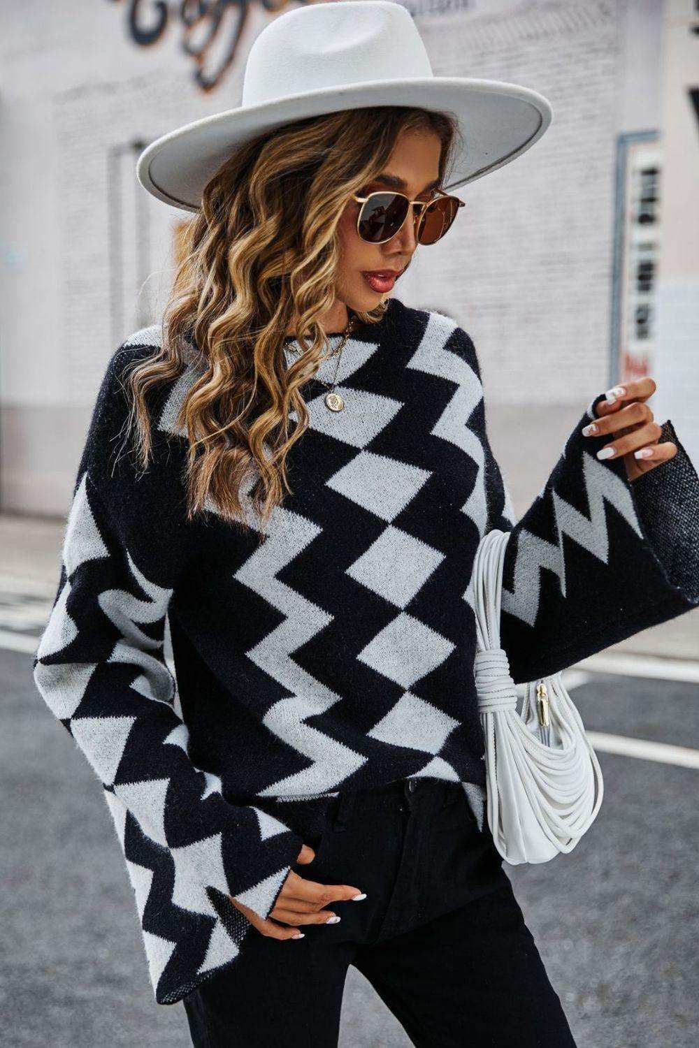 Geometric Slit Flare Sleeve Round Neck Sweater - Trendsi - Flyclothing LLC