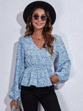 Floral V-Neck Balloon Sleeve Peplum Blouse - Trendsi - Flyclothing LLC