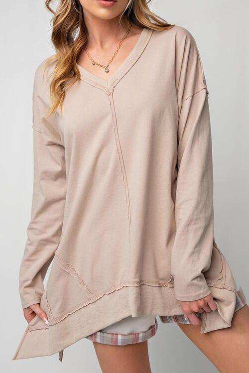 Exposed Seam V-Neck Long Sleeve Slit Sweatshirt - Trendsi - Flyclothing LLC