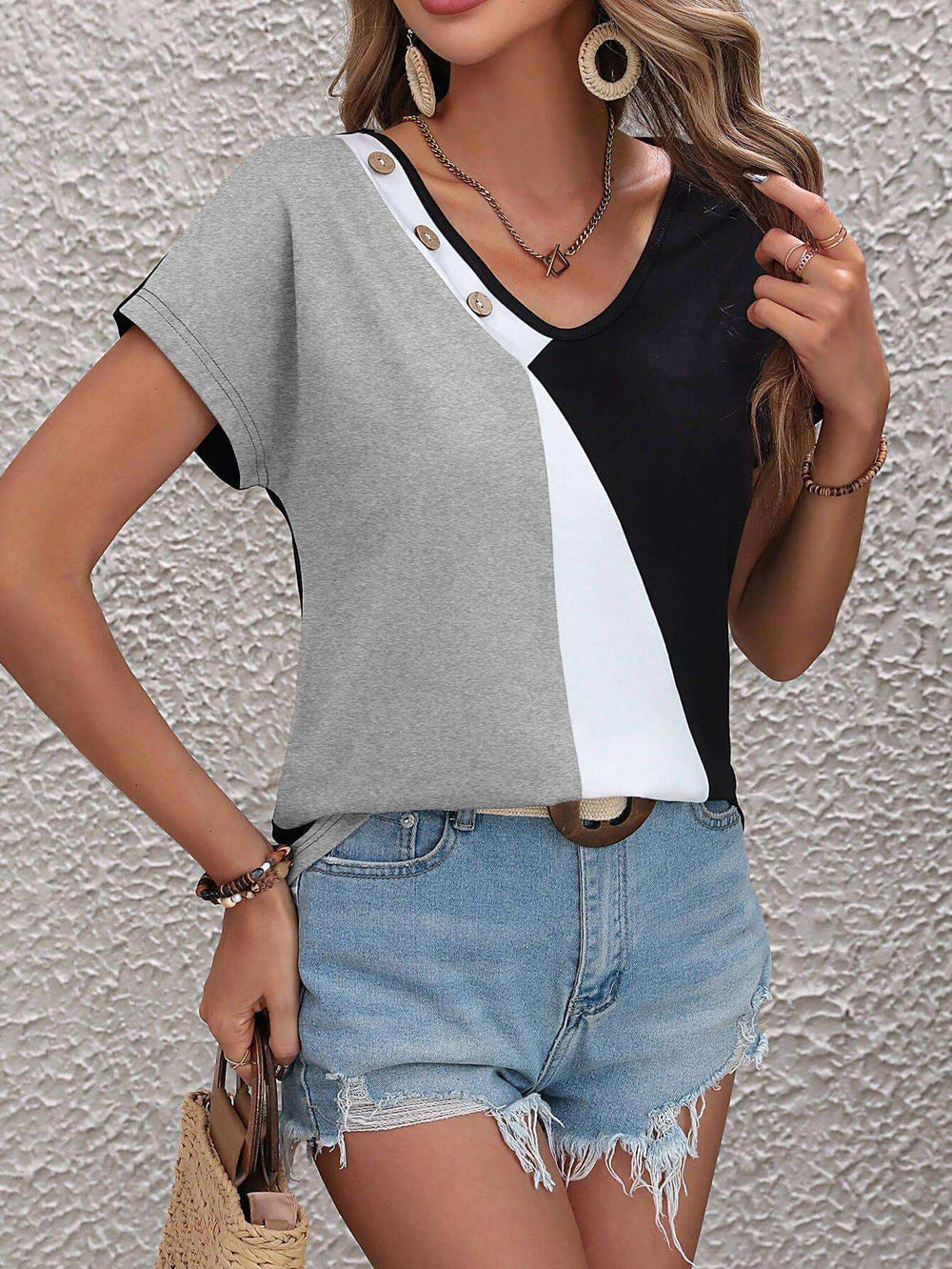 Color Block Decorative Button V-Neck Tee - Trendsi - Flyclothing LLC