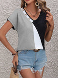 Color Block Decorative Button V-Neck Tee - Trendsi - Flyclothing LLC