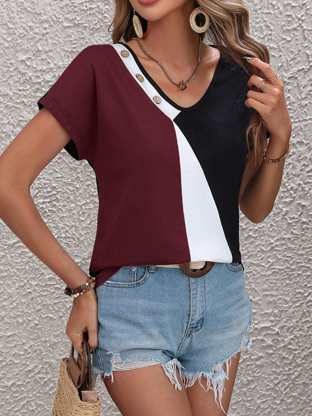 Color Block Decorative Button V-Neck Tee - Trendsi - Flyclothing LLC