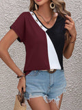 Color Block Decorative Button V-Neck Tee - Trendsi - Flyclothing LLC