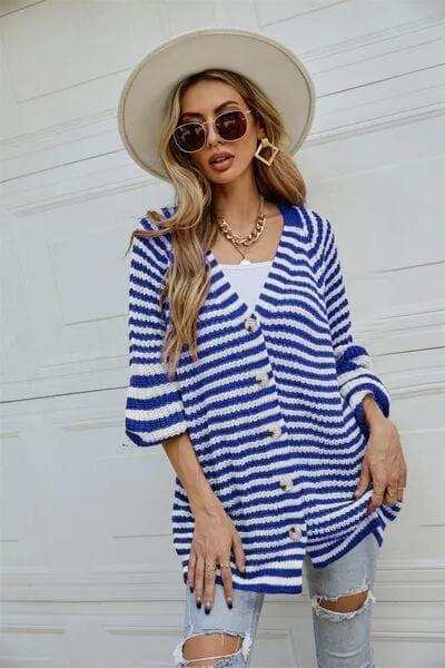 Striped Button Up Long Sleeve Cardigan - Trendsi - Flyclothing LLC