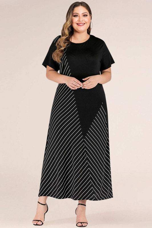 Plus Size Striped Color Block Tee Dress - Trendsi - Flyclothing LLC