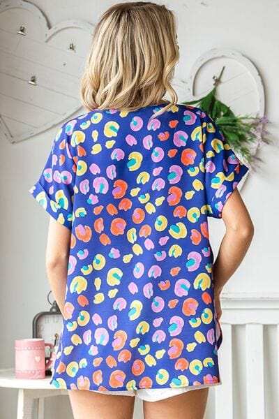 First Love Printed V-Neck Short Sleeve Blouse - Trendsi - Flyclothing LLC