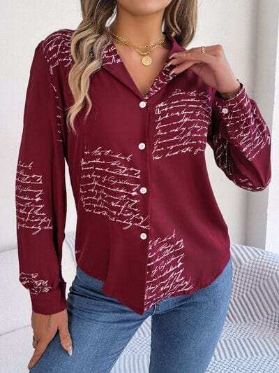 Letter Printed Button Up Long Sleeve Blouse - Trendsi - Flyclothing LLC