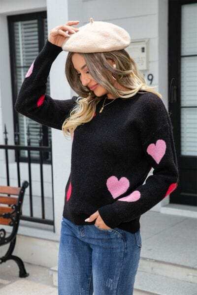 Heart Round Neck Droppped Shoulder Sweater - Trendsi - Flyclothing LLC