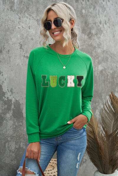 LUCKY Round Neck Raglan Sleeve Sweatshirt - Trendsi - Flyclothing LLC