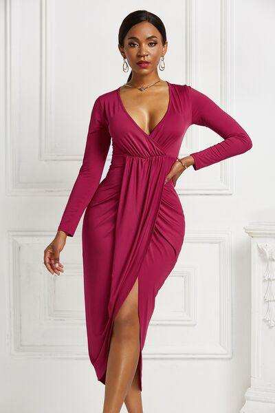 High-low Ruched Surplice Long Sleeve Dress - Trendsi - Flyclothing LLC