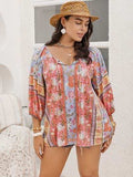 Plus Size Printed Tie Neck Balloon Sleeve Blouse - Trendsi - Flyclothing LLC