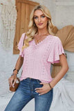 Eyelet Applique V-Neck Cap Sleeve T-Shirt - Trendsi - Flyclothing LLC