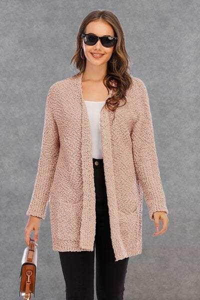 Pocketed Open Front Long Sleeve Cardigan - Trendsi - Flyclothing LLC