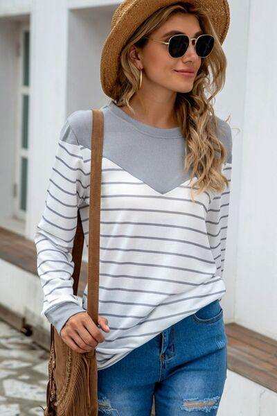 Striped Round Neck Long Sleeve T-Shirt - Trendsi - Flyclothing LLC