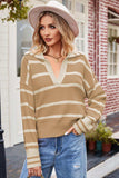 Striped Dropped Shoulder Notched Neck Knit Top - Trendsi - Flyclothing LLC