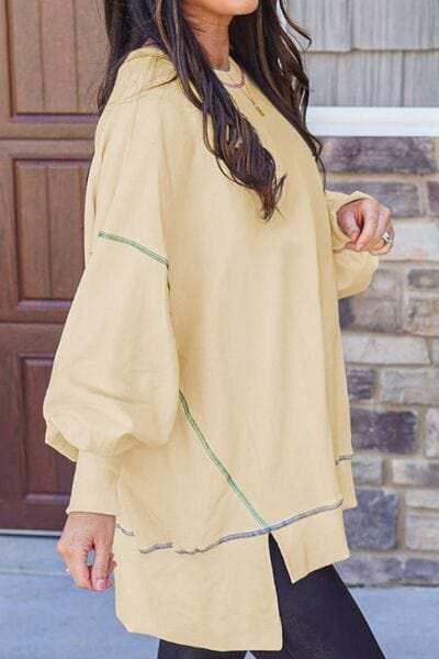 Slit Round Neck Lantern Sleeve Sweatshirt - Trendsi - Flyclothing LLC