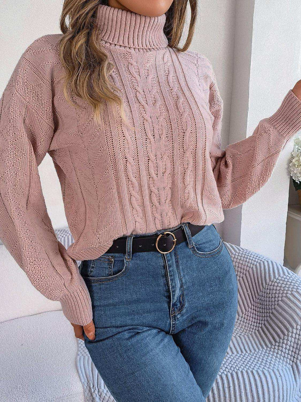 Cable-Knit Turtleneck Sweater - Trendsi - Flyclothing LLC