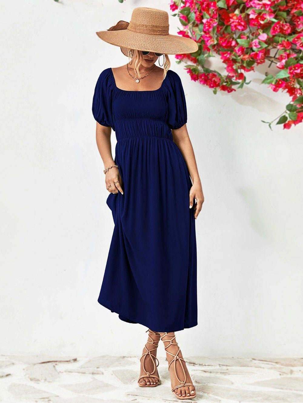 Off-Shoulder Balloon Sleeve Midi Dress - Trendsi - Flyclothing LLC
