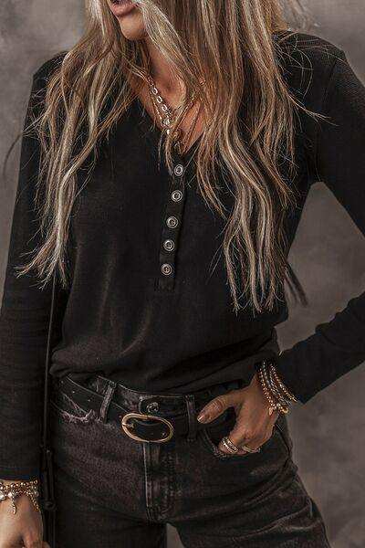 V-Neck Half Button long Sleeve T-Shirt - Trendsi - Flyclothing LLC