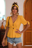 Buttoned V-Neck Short Sleeve Blouse - Trendsi - Flyclothing LLC