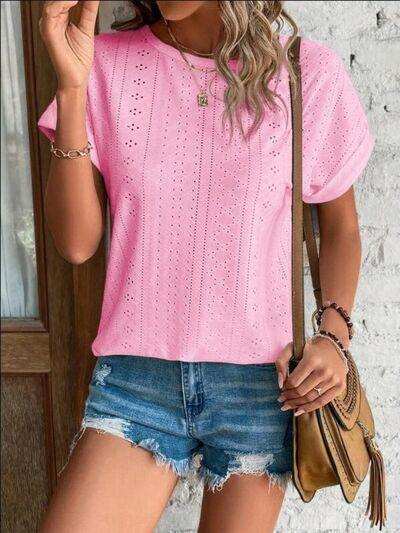 Eyelet Round Neck Short Sleeve T-Shirt - Trendsi - Flyclothing LLC