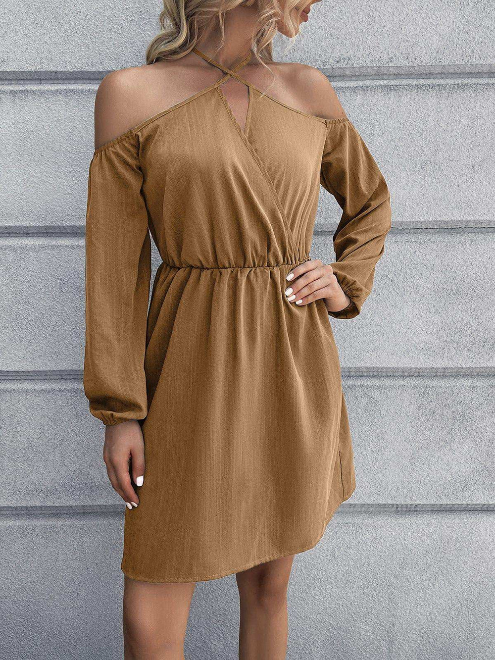 Cold-Shoulder Crisscross Mini Dress - Trendsi - Flyclothing LLC