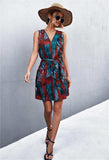 Printed Zip Detail Belted Sleeveless Dress - Trendsi - Flyclothing LLC