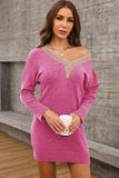 V-Neck Long Sleeve Mini Sweater Dress - Trendsi - Flyclothing LLC