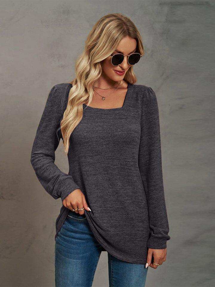 Heathered Square Neck Long Sleeve T-Shirt - Trendsi - Flyclothing LLC