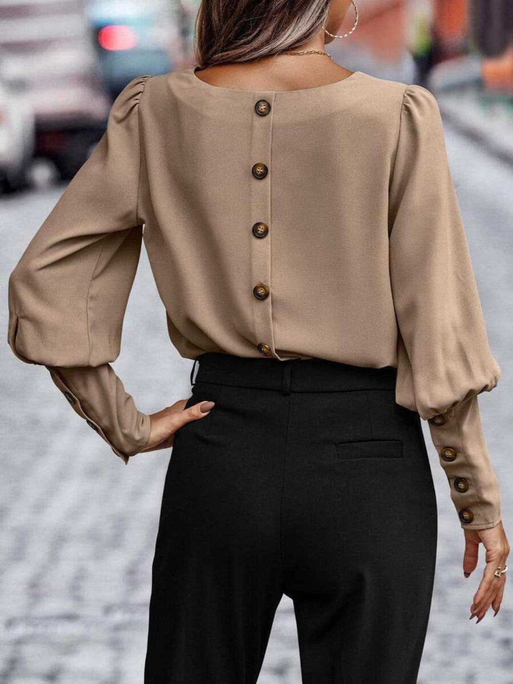 Round Neck Lantern Sleeve Blouse - Trendsi - Flyclothing LLC