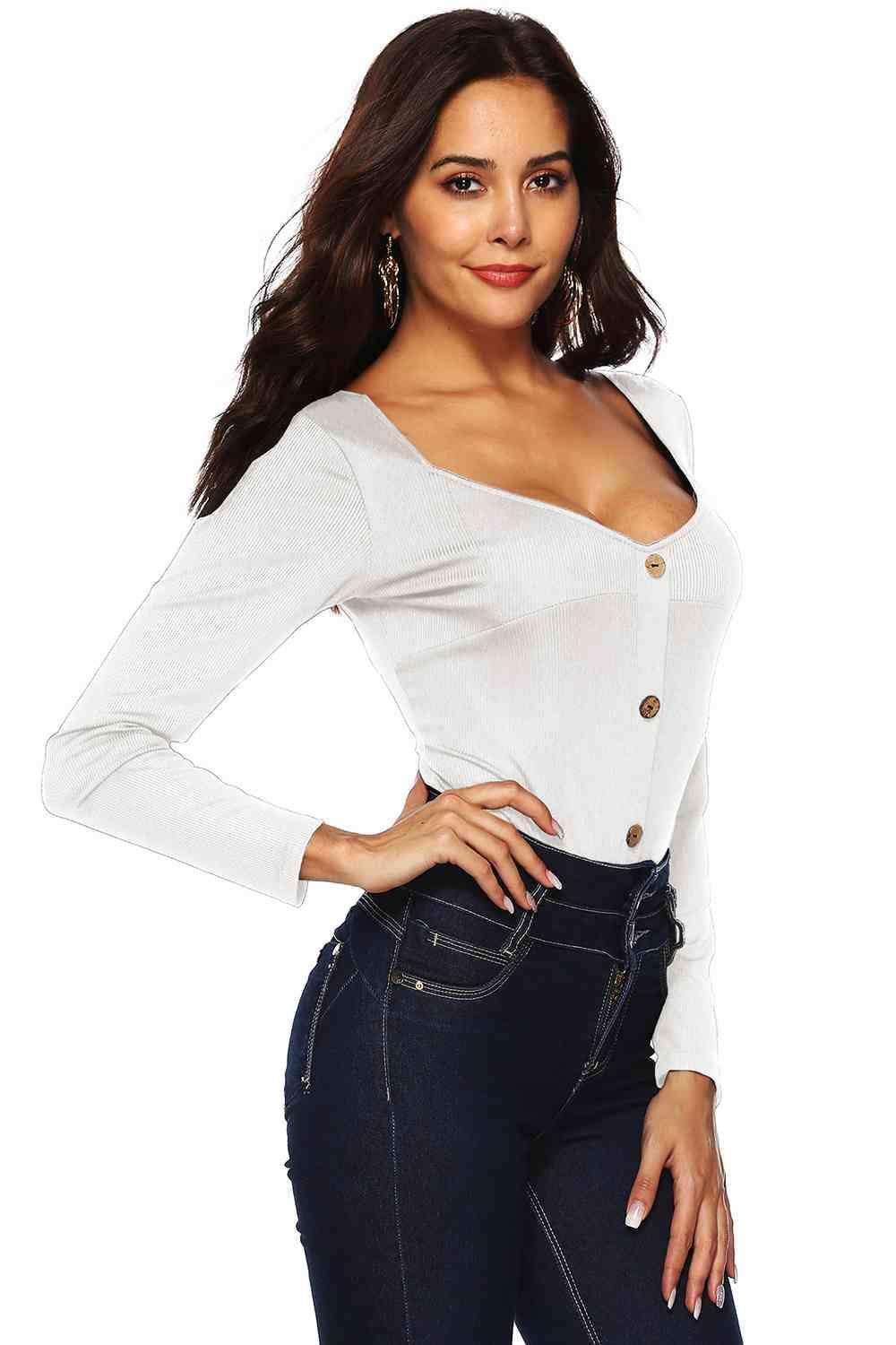 Button Detail Bodysuit - Trendsi - Flyclothing LLC