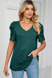 Heathered V-Neck Puff Sleeve T-Shirt - Trendsi - Flyclothing LLC