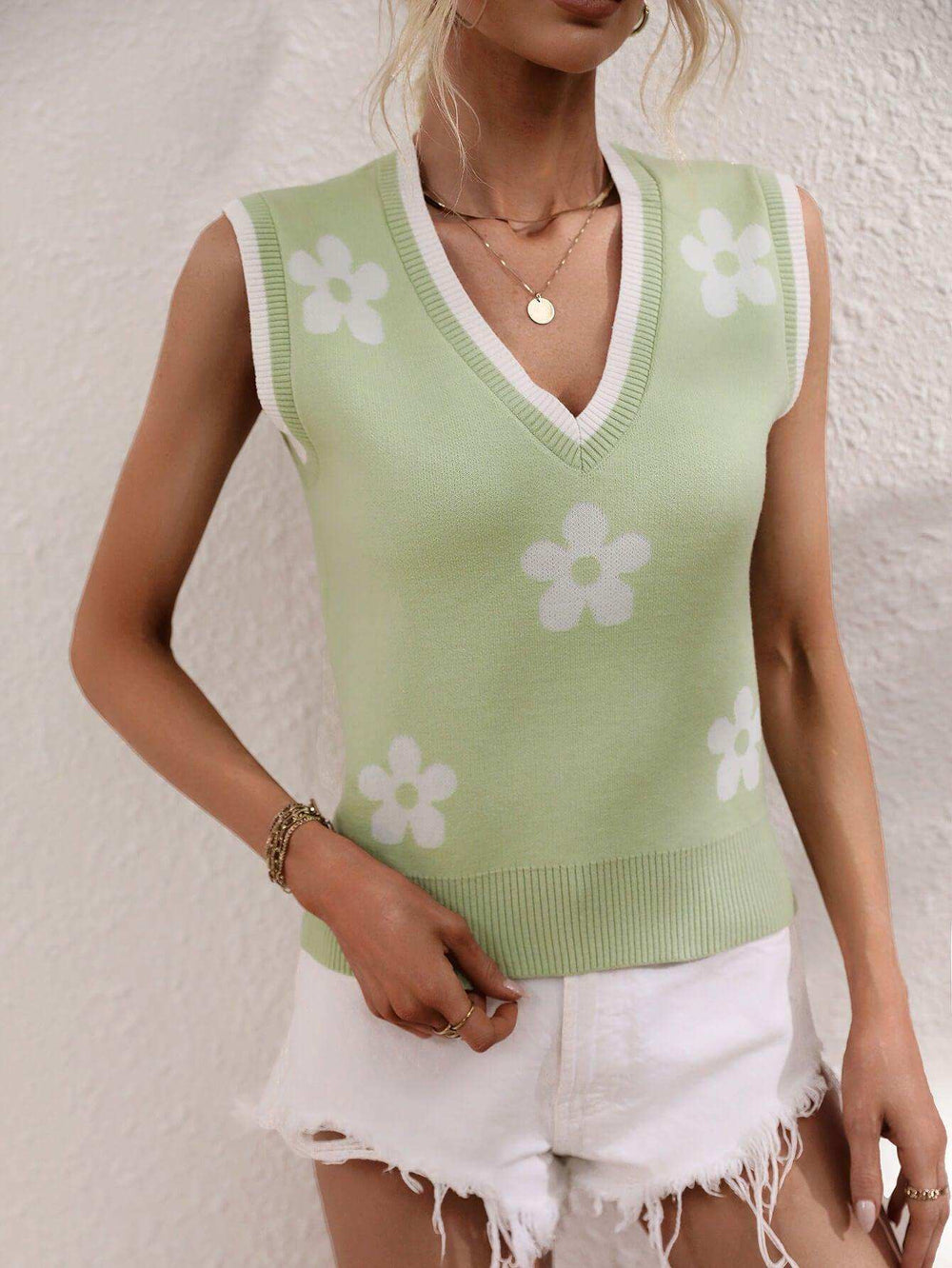 Floral Contrast Ribbed Trim Sweater Vest - Trendsi - Flyclothing LLC