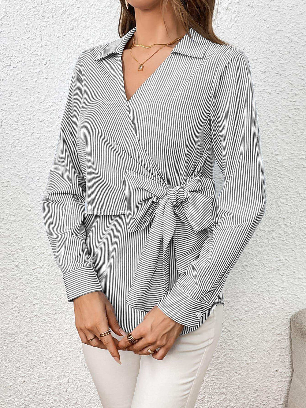 Bow Tie Waist Johnny Collar Neck Striped Blouse - Trendsi - Flyclothing LLC