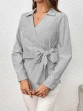 Bow Tie Waist Johnny Collar Neck Striped Blouse - Trendsi - Flyclothing LLC