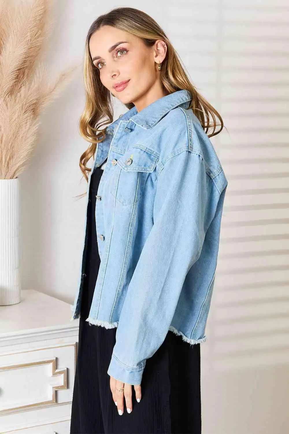 Double Take Dropped Shoulder Raw Hem Denim Jacket - Trendsi - Flyclothing LLC