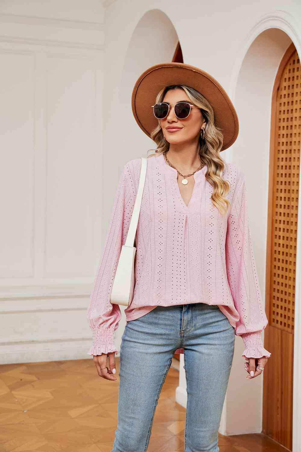 Notched Neck Flounce Sleeve Blouse - Trendsi - Flyclothing LLC