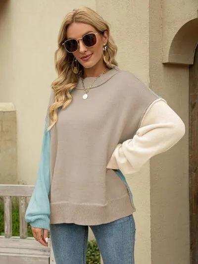 Color Block Dropped Shoulder Sweater - Trendsi - Flyclothing LLC