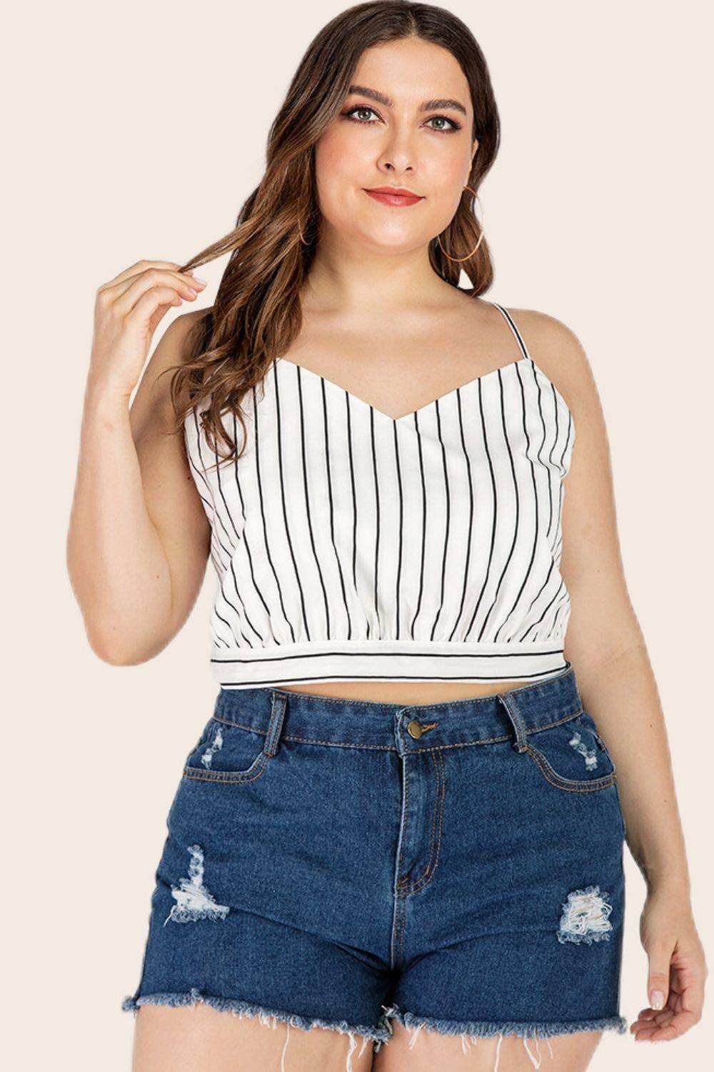 Plus Size Striped Tie-Back Cropped Cami - Trendsi - Flyclothing LLC